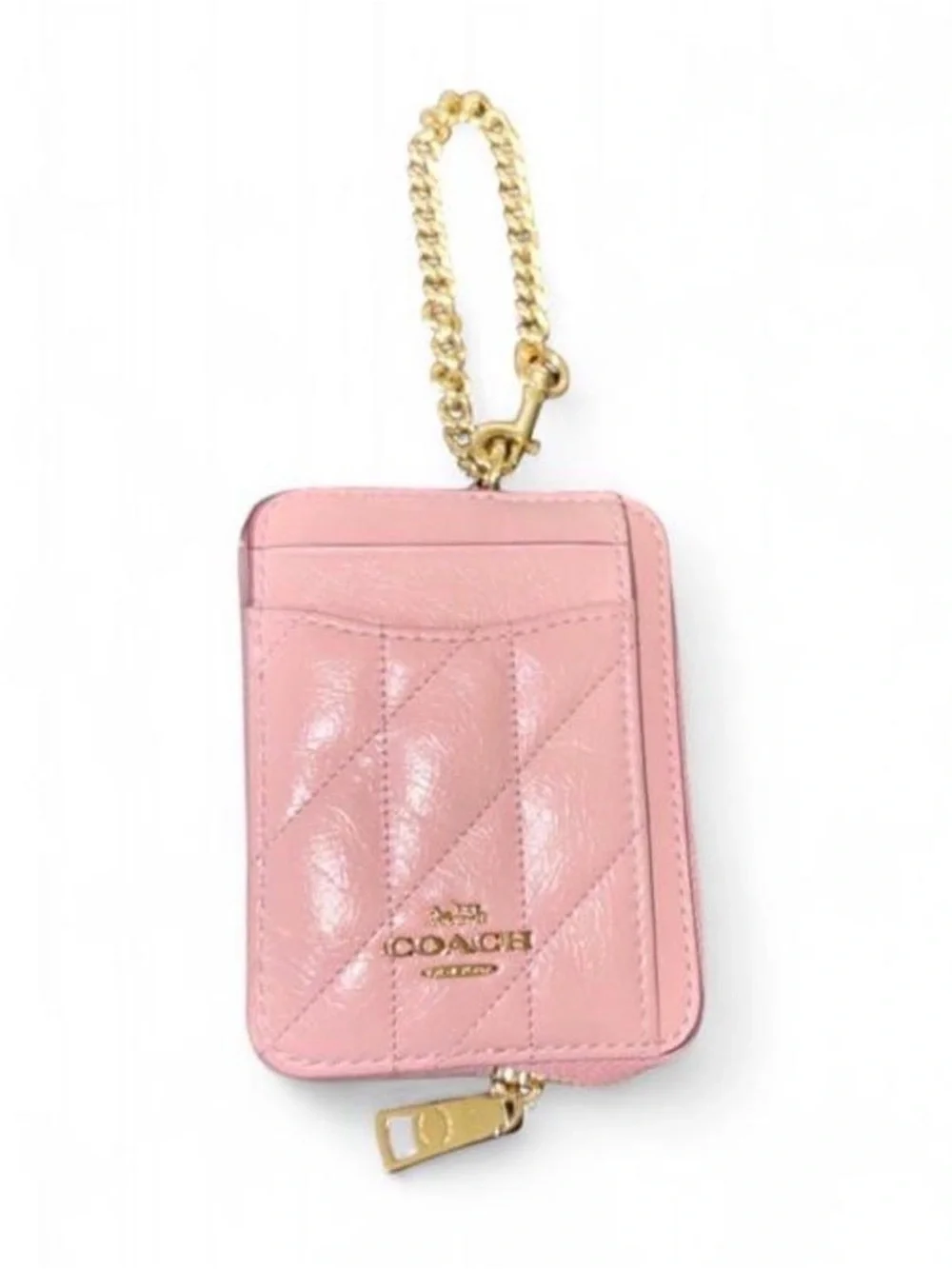 Coach Pink Quilted Leather Card Holder with Gold Chain Accent